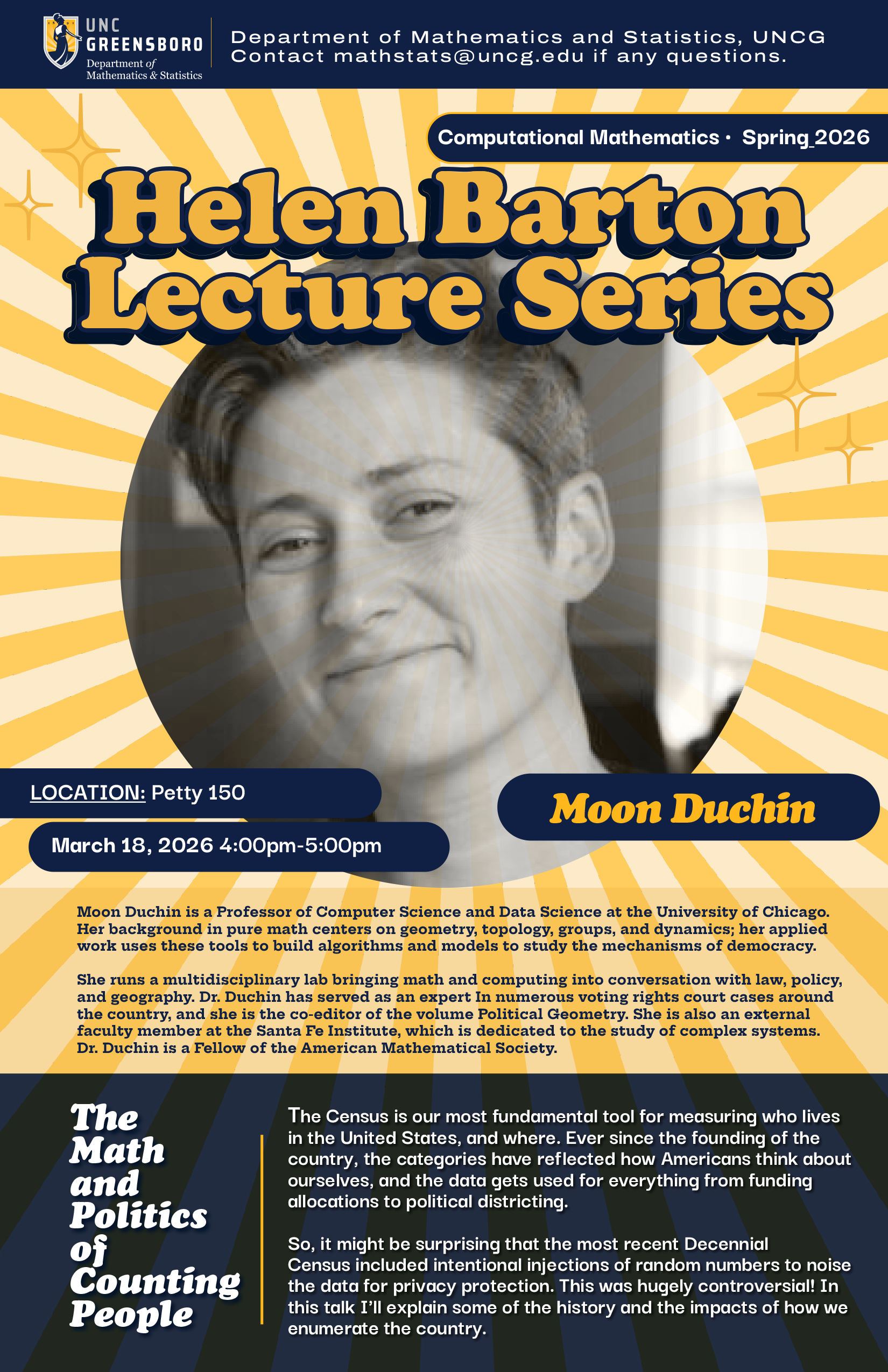 poster for the Helen Barton event with Moon Duchin