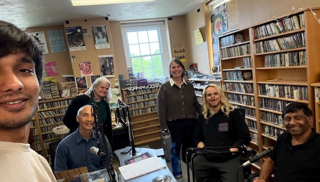 (from left to right): Rishav Patel; CAS Associate Dean, Dr. Jing Deng; CAS Associate Dean, Dr. Maura Heyn; CAS Dean, Dr. Kelly Joyce; Isaac Hammond; and Mathematics Professor, Dr. R. Shivaji at the WUAG studio